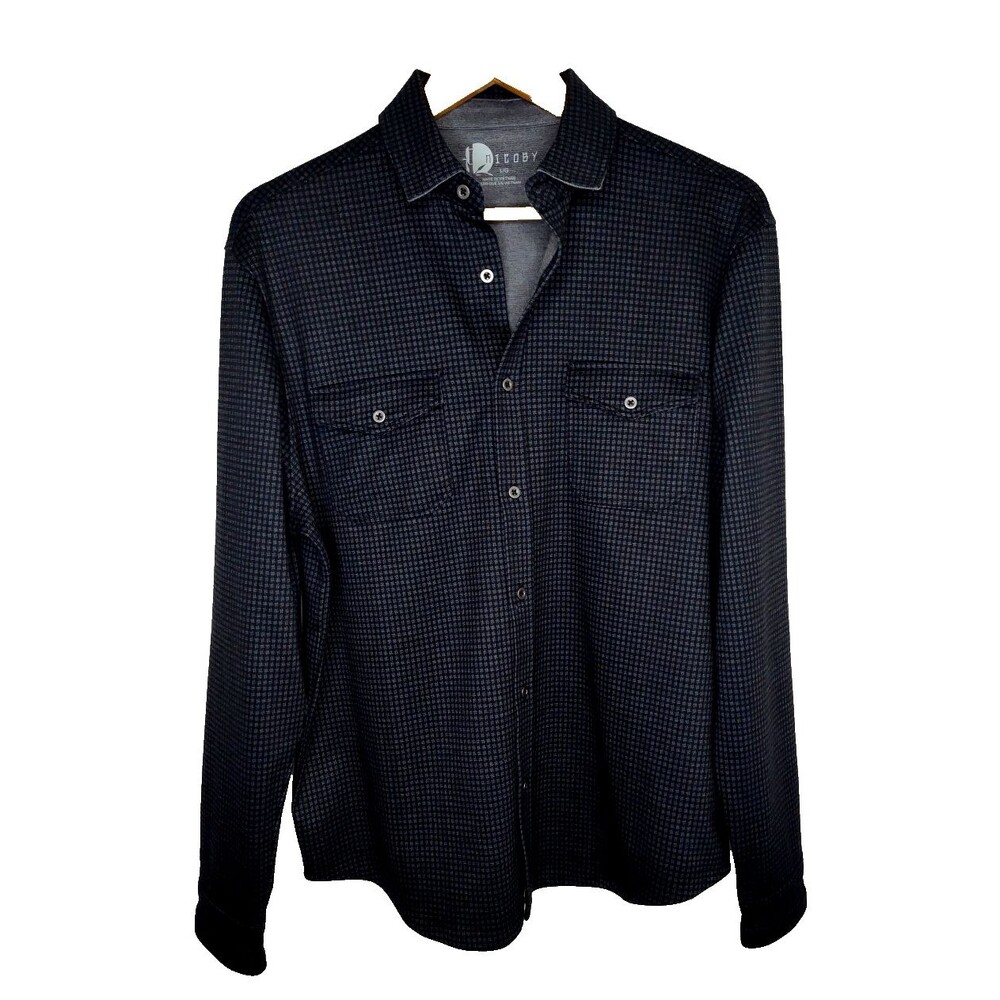Men’s Large Nicoby Flannel Button Up Jac Shirt Black Grey Plaid Pockets Sleeves